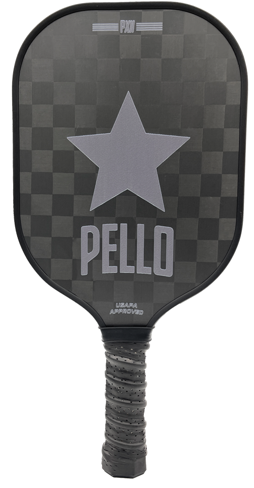 PELLO PXII 18K carbon fiber pickleball paddle black with grey logo close up